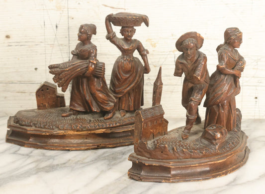Lot 014 - Pair Of Antique Hand-Carved Folk Art Weighted Bookends Featuring Country Scenes Including Farmers, Farmhouse And Church, Note Various Losses Including Man's Arms