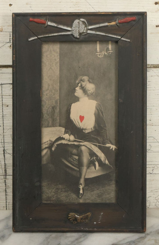 Lot 016 - Antique Print Of Fencing Woman With Heart On Chest Shirt In Original Frame With Gesso Fencing Swords, Mask And Gloves, Note Loss To Gesso