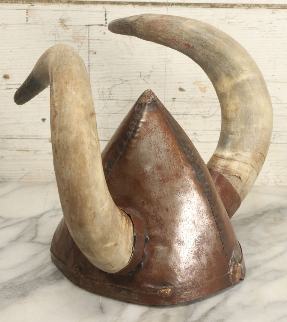 Lot 018 - Vintage Theater Costume Welded Metal Viking Helmet With Real Animal Horns