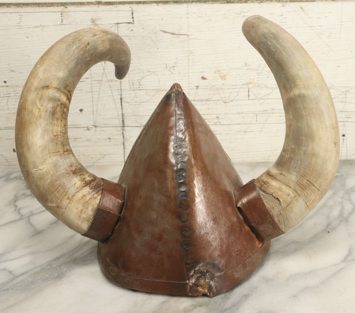 Lot 018 - Vintage Theater Costume Welded Metal Viking Helmet With Real Animal Horns