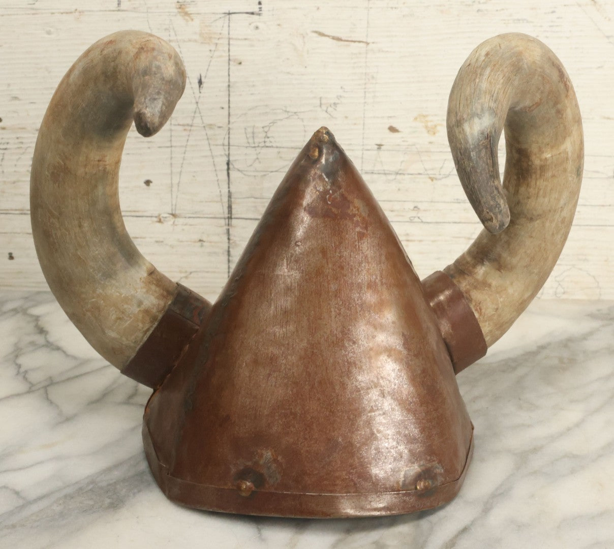 Lot 018 - Vintage Theater Costume Welded Metal Viking Helmet With Real Animal Horns