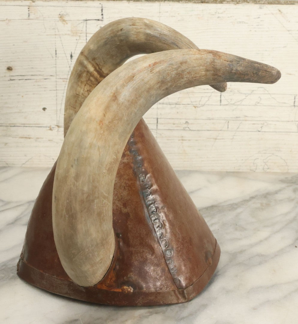 Lot 018 - Vintage Theater Costume Welded Metal Viking Helmet With Real Animal Horns