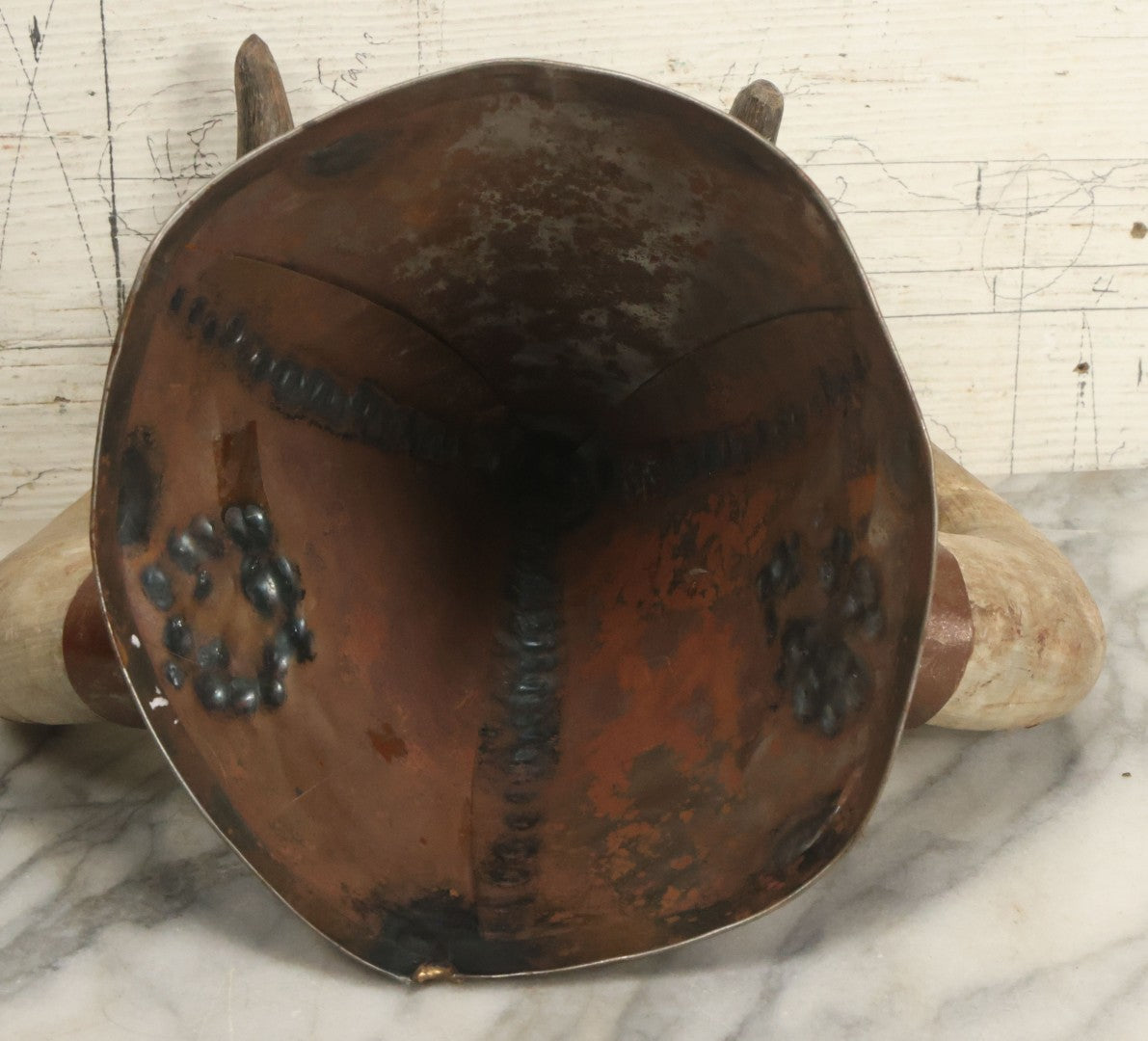 Lot 018 - Vintage Theater Costume Welded Metal Viking Helmet With Real Animal Horns