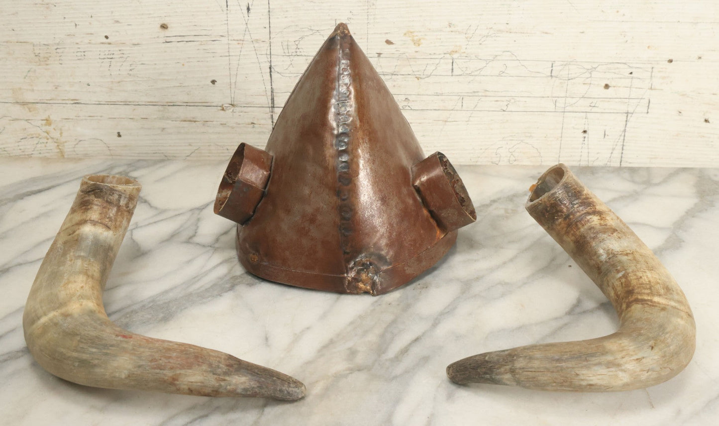 Lot 018 - Vintage Theater Costume Welded Metal Viking Helmet With Real Animal Horns