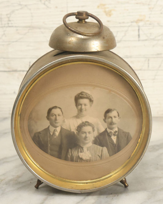 Lot 019 - Antique Repurposed Brass Alarm Clock Photo Frame With Family Photograph Of Two Men And Two Women, As Found