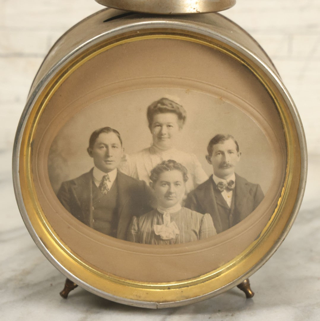 Lot 019 - Antique Repurposed Brass Alarm Clock Photo Frame With Family Photograph Of Two Men And Two Women, As Found