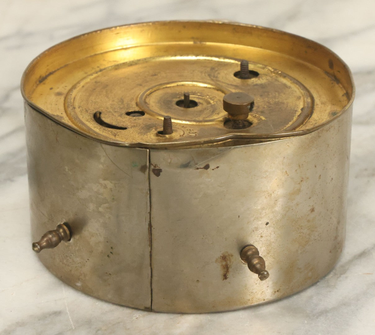 Lot 019 - Antique Repurposed Brass Alarm Clock Photo Frame With Family Photograph Of Two Men And Two Women, As Found