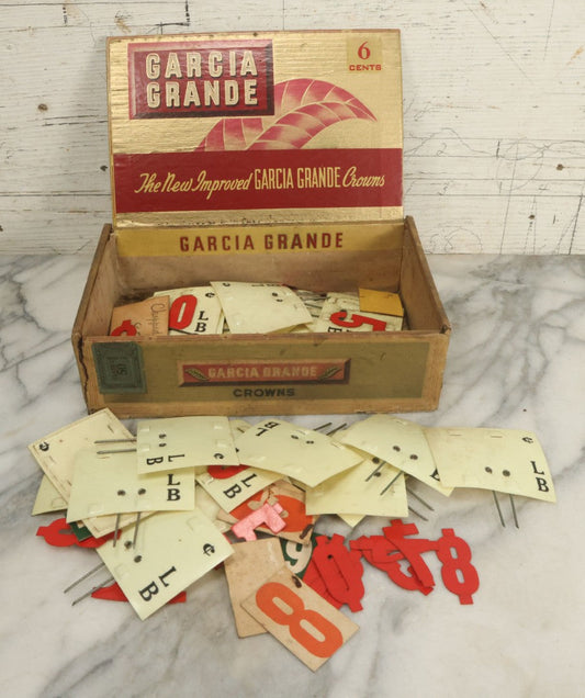 Lot 020 - Grouping Of Vintage Plastic Deli Meat And Cheese Price Tag Markers With Assorted Numbers And Symbols, In Cigar Box, As Found