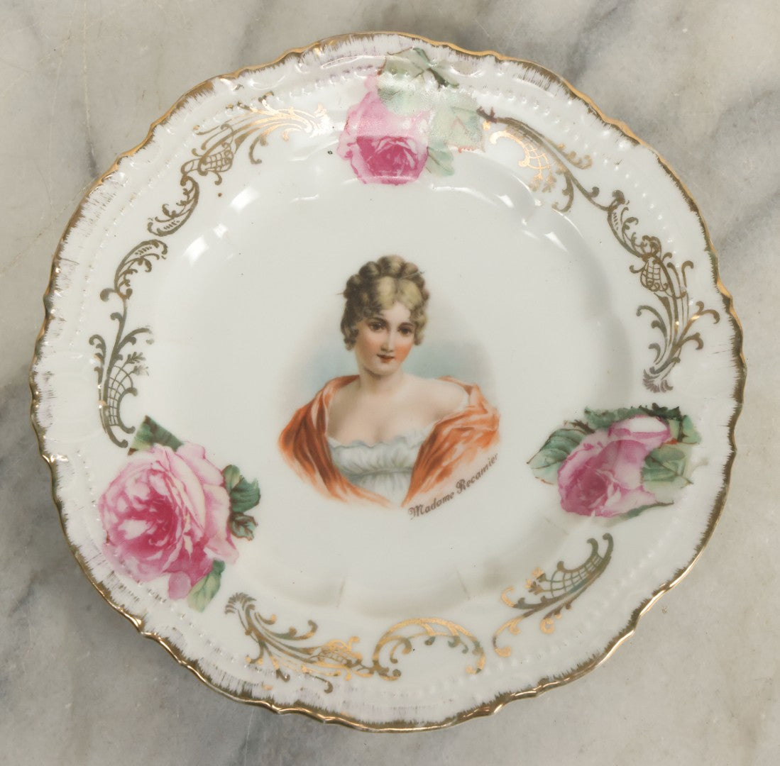 Lot 024 - Antique Transferware Saucer Plate With Portrait Of Madame Juliette Recamier, French Socialite, Marked Bavaria