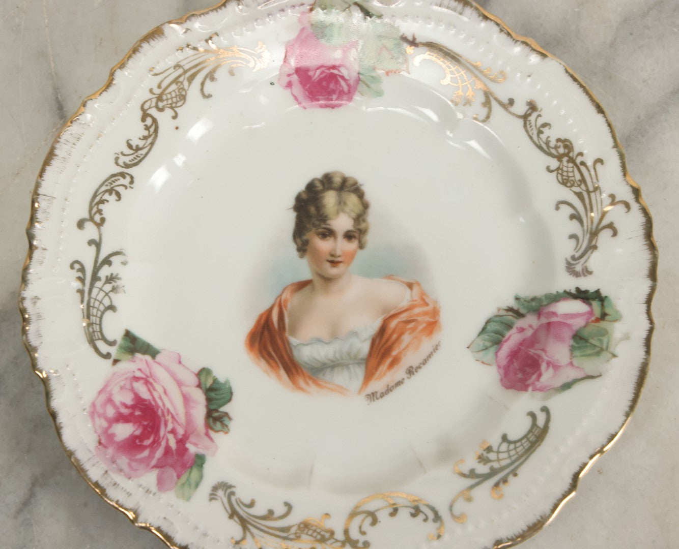 Lot 024 - Antique Transferware Saucer Plate With Portrait Of Madame Juliette Recamier, French Socialite, Marked Bavaria