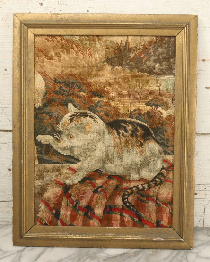 Lot 029 - Antique Cut-To-Size Kitten Embroidery In Vintage Frame, Note Wear And Losses