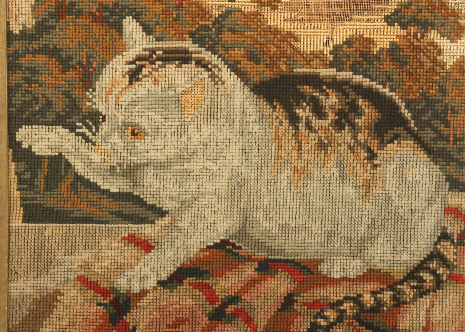 Lot 029 - Antique Cut-To-Size Kitten Embroidery In Vintage Frame, Note Wear And Losses