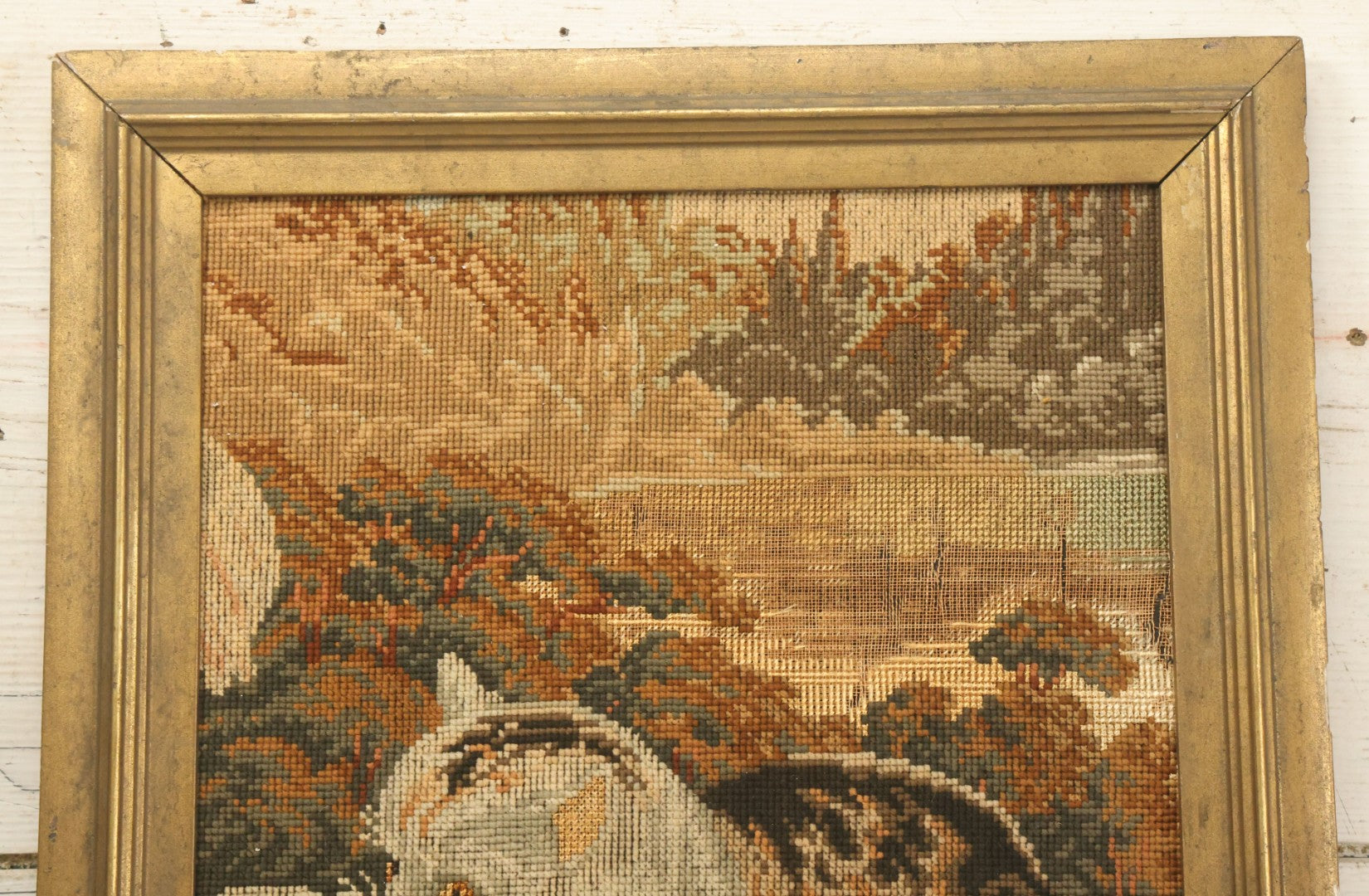 Lot 029 - Antique Cut-To-Size Kitten Embroidery In Vintage Frame, Note Wear And Losses