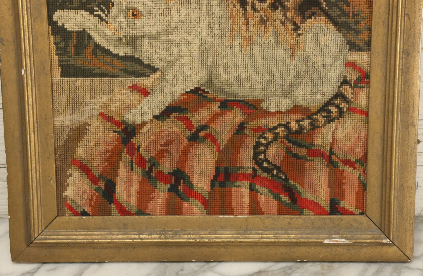 Lot 029 - Antique Cut-To-Size Kitten Embroidery In Vintage Frame, Note Wear And Losses