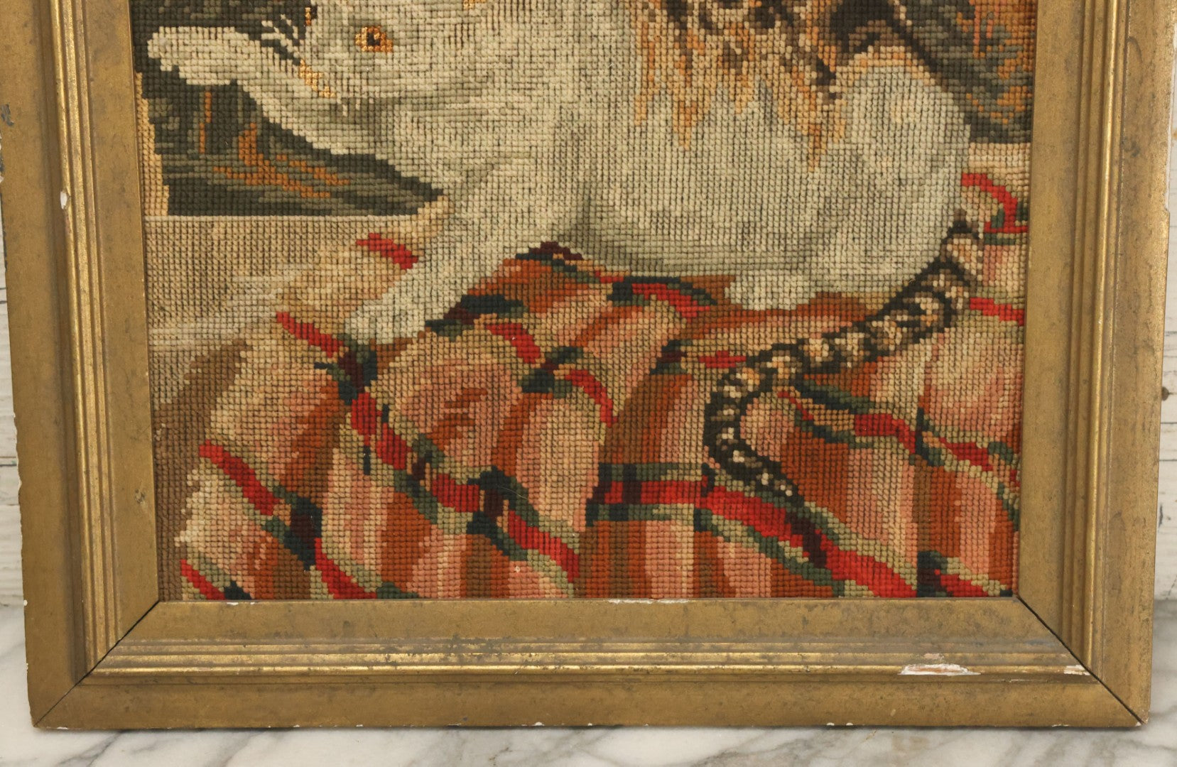 Lot 029 - Antique Cut-To-Size Kitten Embroidery In Vintage Frame, Note Wear And Losses