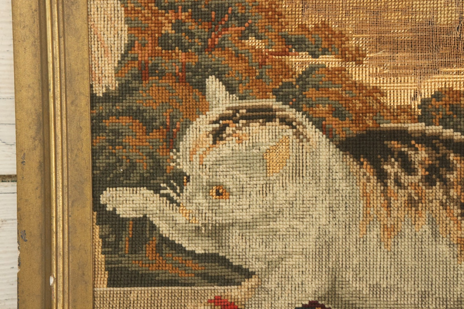 Lot 029 - Antique Cut-To-Size Kitten Embroidery In Vintage Frame, Note Wear And Losses