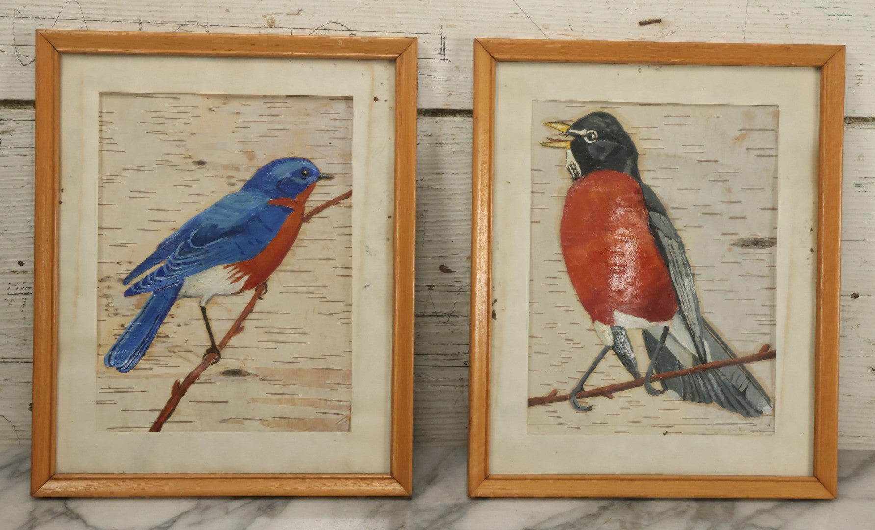 Lot 030 - Pair Of Vintage Hand Painted Birds On Birch Bark, With Bluebird And Red Robin