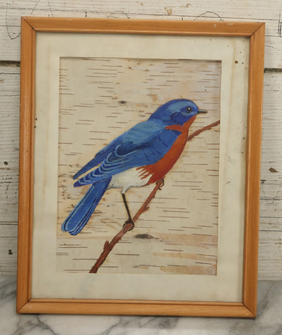 Lot 030 - Pair Of Vintage Hand Painted Birds On Birch Bark, With Bluebird And Red Robin