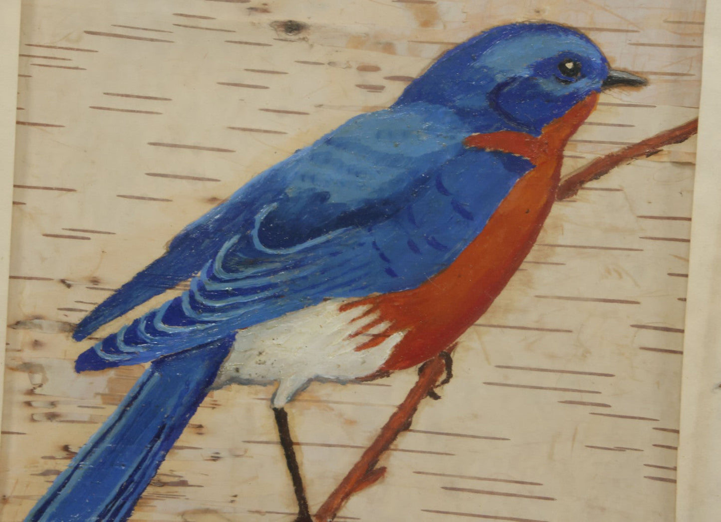 Lot 030 - Pair Of Vintage Hand Painted Birds On Birch Bark, With Bluebird And Red Robin