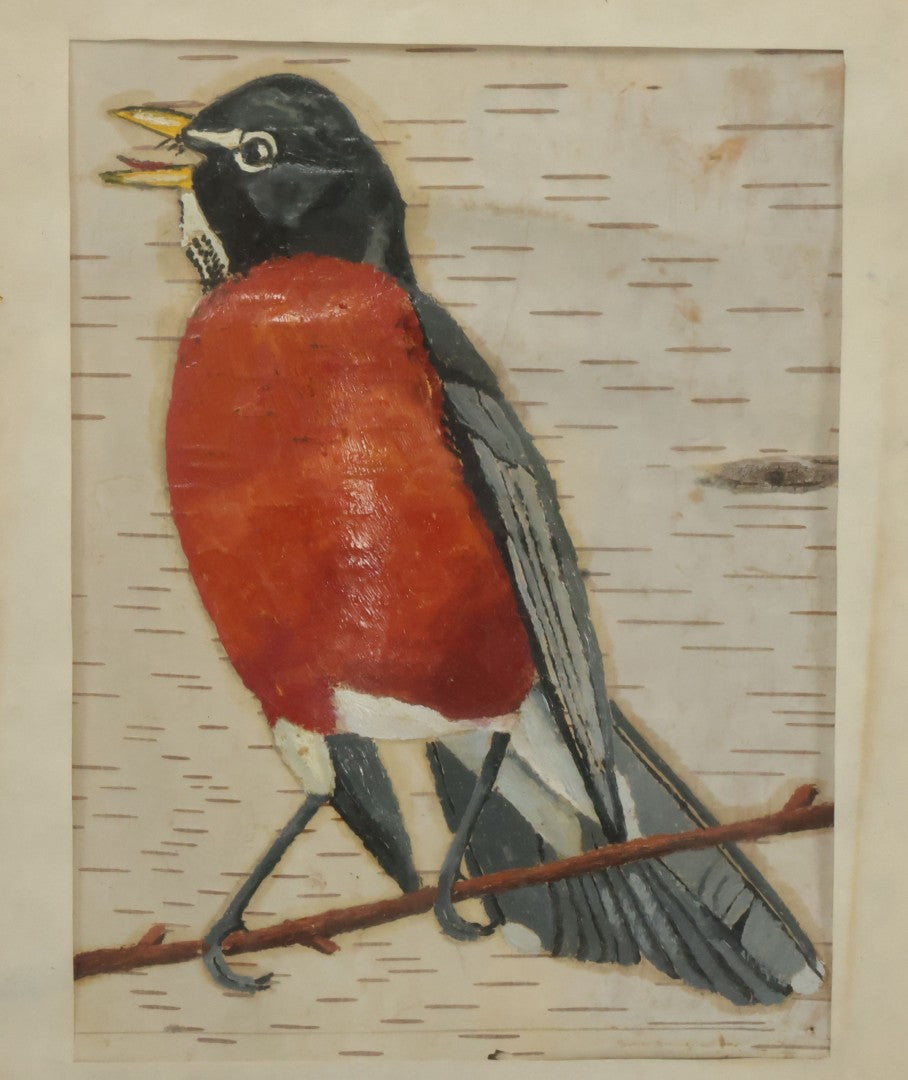 Lot 030 - Pair Of Vintage Hand Painted Birds On Birch Bark, With Bluebird And Red Robin