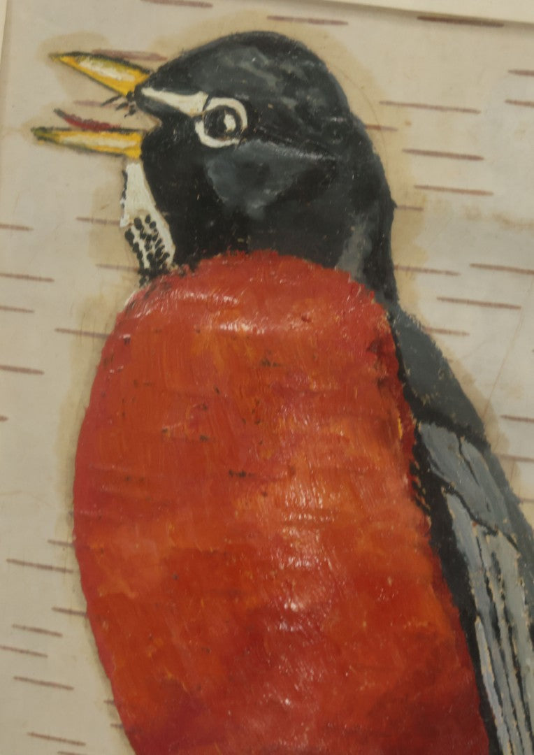 Lot 030 - Pair Of Vintage Hand Painted Birds On Birch Bark, With Bluebird And Red Robin