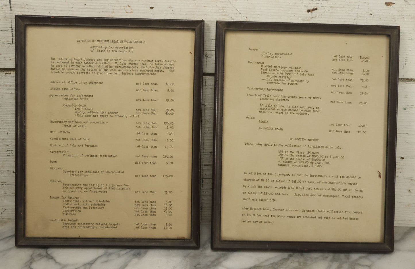 Lot 031 - Pair Of Framed Law Office Price Lists, Schedule Of Minimum Legal Service Charges, Adopted By Bar Association Of State Of New Hampshire, Circa Early 20th Century