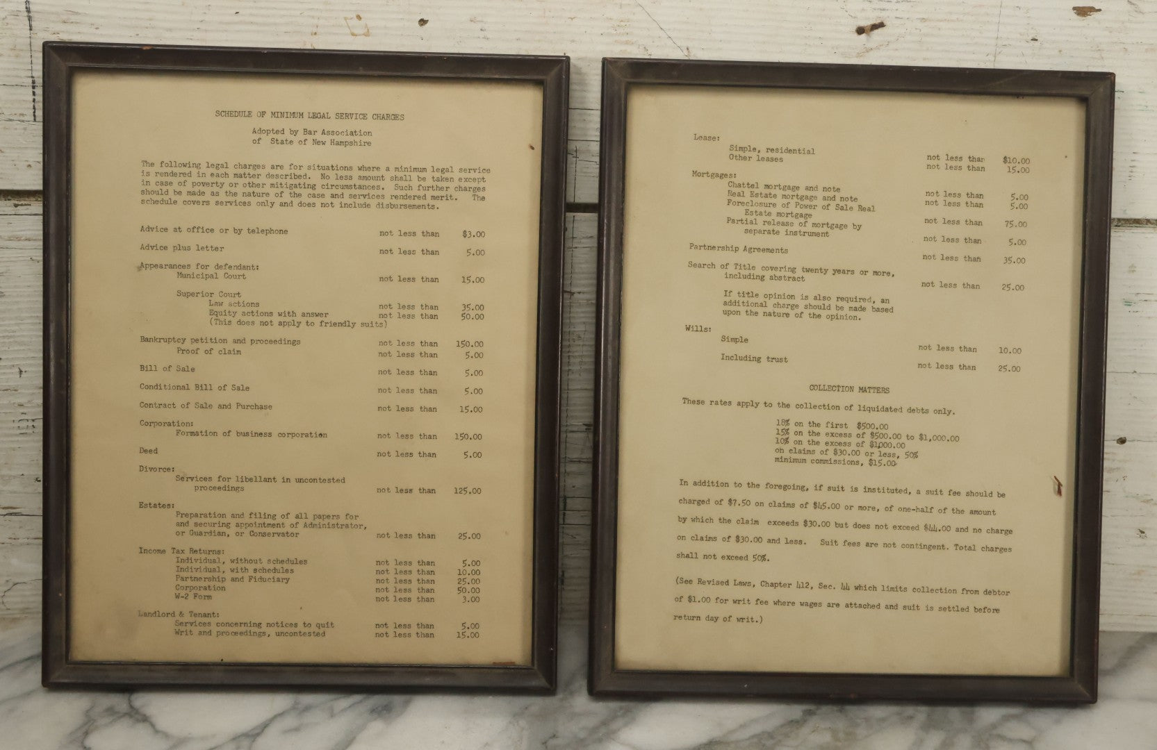 Lot 031 - Pair Of Framed Law Office Price Lists, Schedule Of Minimum Legal Service Charges, Adopted By Bar Association Of State Of New Hampshire, Circa Early 20th Century