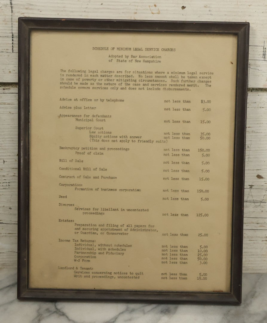 Lot 031 - Pair Of Framed Law Office Price Lists, Schedule Of Minimum Legal Service Charges, Adopted By Bar Association Of State Of New Hampshire, Circa Early 20th Century