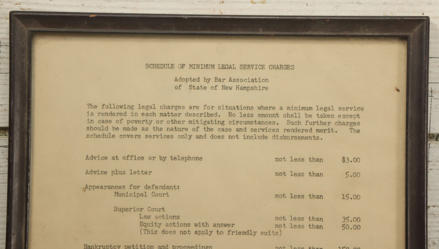 Lot 031 - Pair Of Framed Law Office Price Lists, Schedule Of Minimum Legal Service Charges, Adopted By Bar Association Of State Of New Hampshire, Circa Early 20th Century