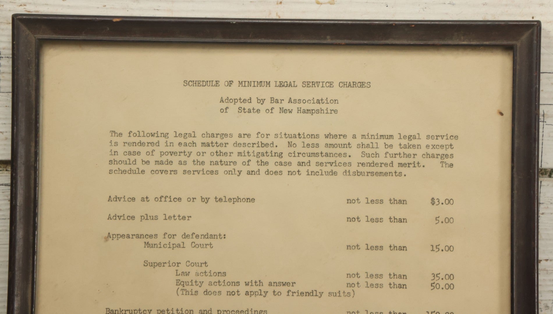 Lot 031 - Pair Of Framed Law Office Price Lists, Schedule Of Minimum Legal Service Charges, Adopted By Bar Association Of State Of New Hampshire, Circa Early 20th Century