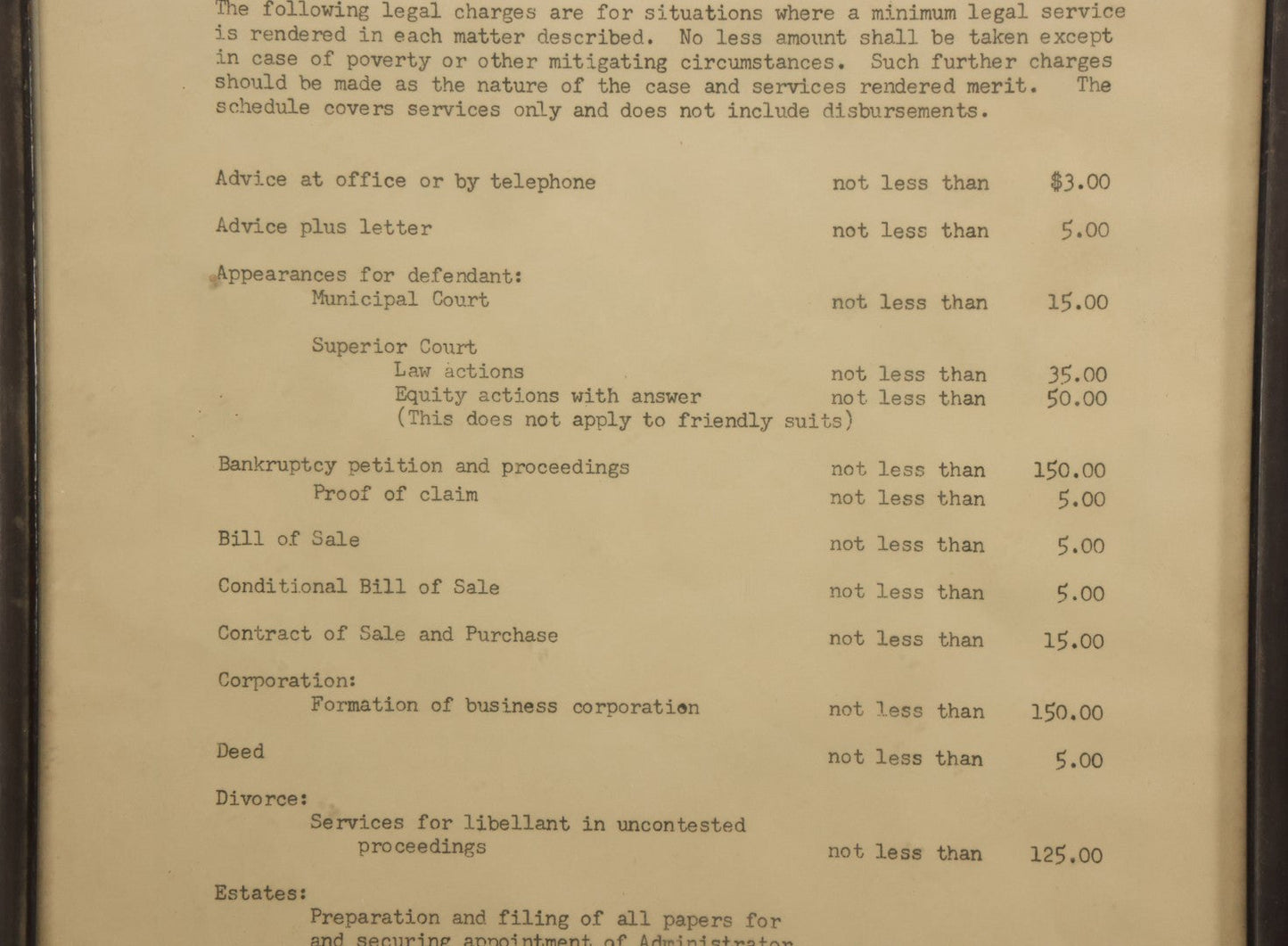 Lot 031 - Pair Of Framed Law Office Price Lists, Schedule Of Minimum Legal Service Charges, Adopted By Bar Association Of State Of New Hampshire, Circa Early 20th Century