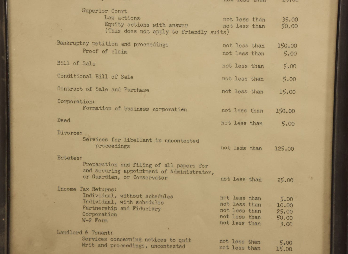 Lot 031 - Pair Of Framed Law Office Price Lists, Schedule Of Minimum Legal Service Charges, Adopted By Bar Association Of State Of New Hampshire, Circa Early 20th Century