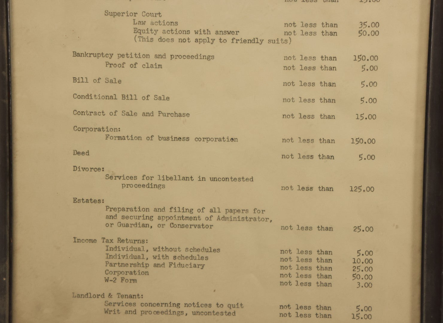 Lot 031 - Pair Of Framed Law Office Price Lists, Schedule Of Minimum Legal Service Charges, Adopted By Bar Association Of State Of New Hampshire, Circa Early 20th Century