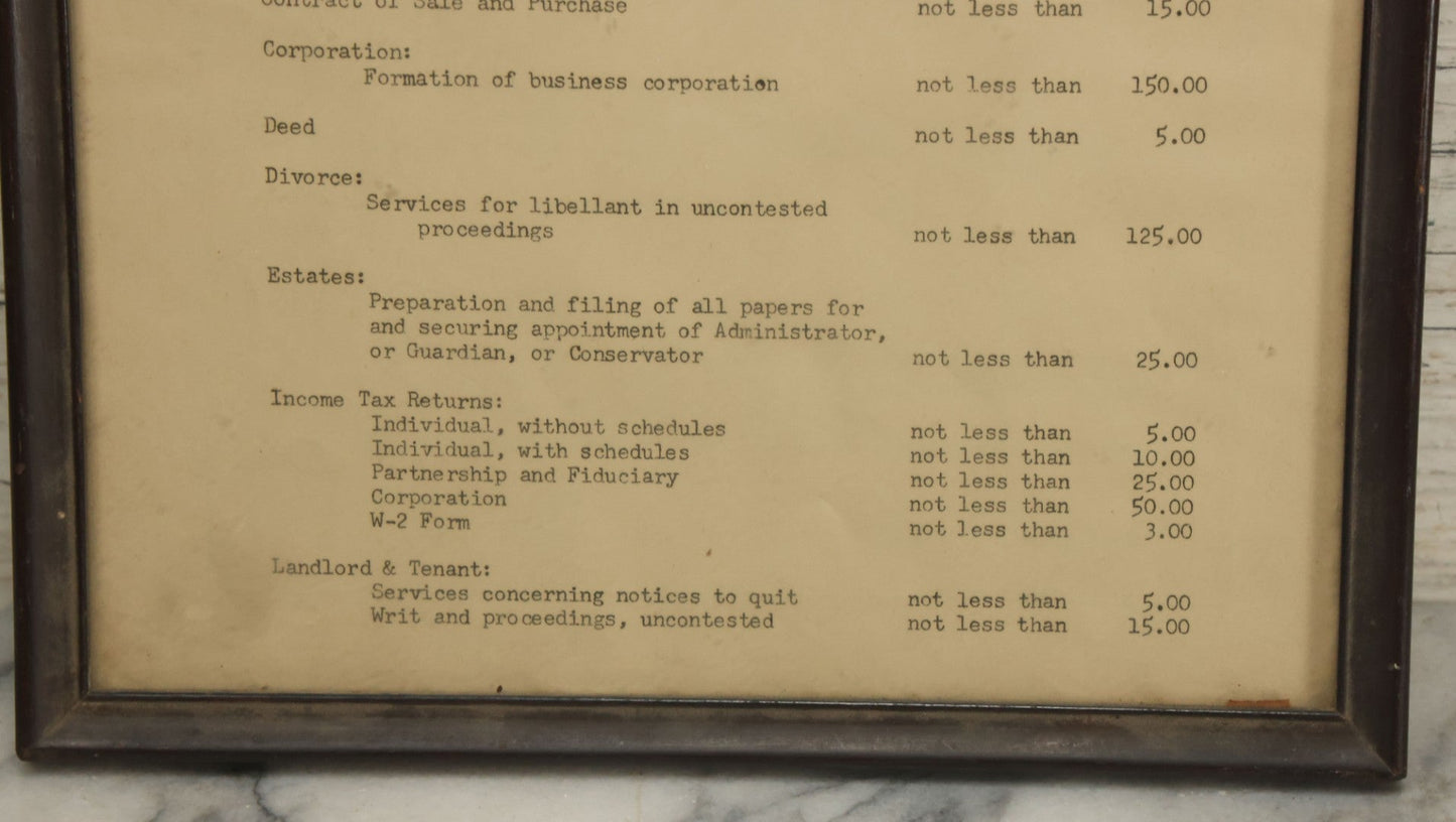 Lot 031 - Pair Of Framed Law Office Price Lists, Schedule Of Minimum Legal Service Charges, Adopted By Bar Association Of State Of New Hampshire, Circa Early 20th Century