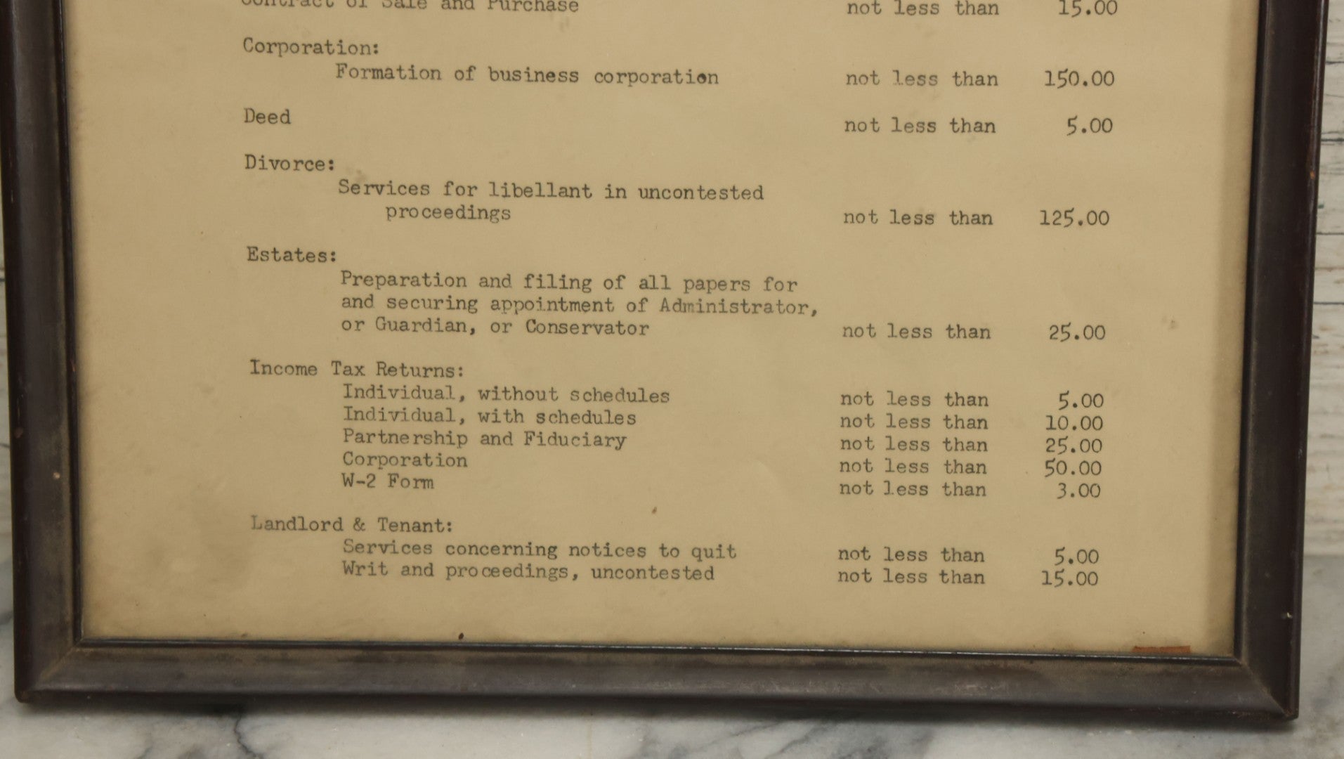 Lot 031 - Pair Of Framed Law Office Price Lists, Schedule Of Minimum Legal Service Charges, Adopted By Bar Association Of State Of New Hampshire, Circa Early 20th Century