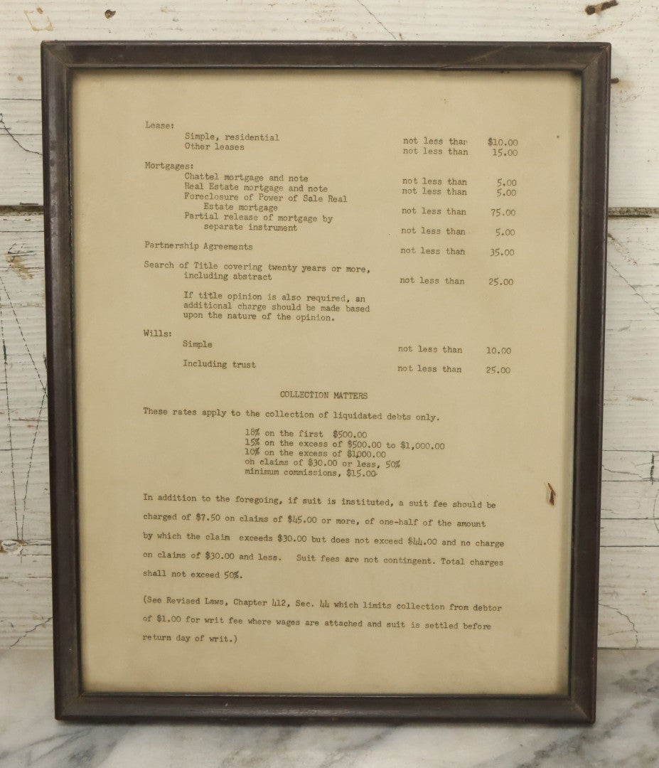 Lot 031 - Pair Of Framed Law Office Price Lists, Schedule Of Minimum Legal Service Charges, Adopted By Bar Association Of State Of New Hampshire, Circa Early 20th Century