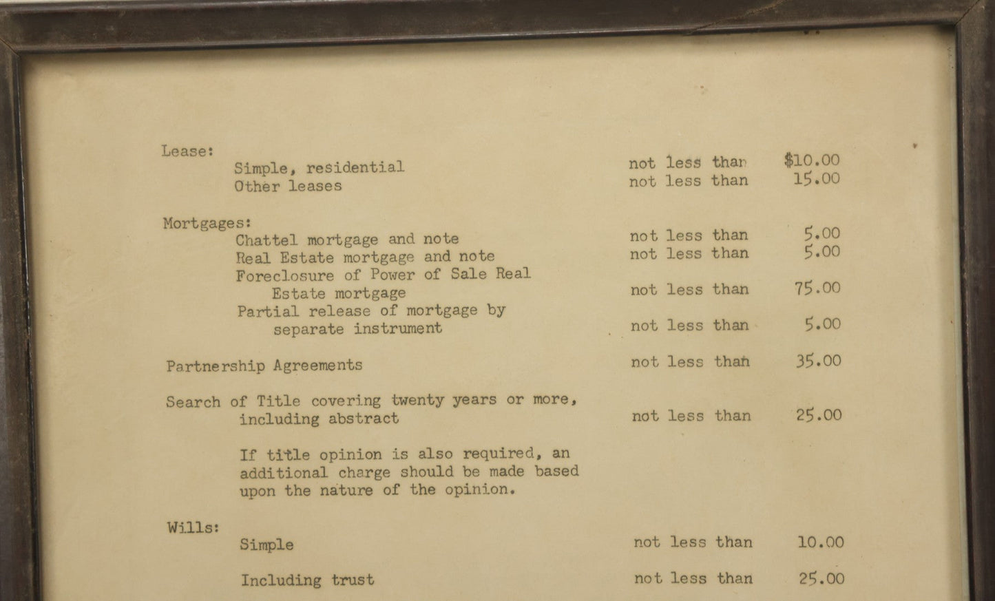 Lot 031 - Pair Of Framed Law Office Price Lists, Schedule Of Minimum Legal Service Charges, Adopted By Bar Association Of State Of New Hampshire, Circa Early 20th Century