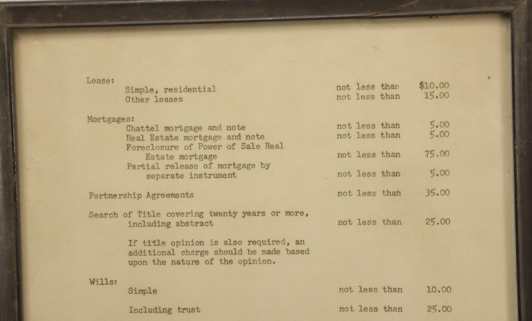 Lot 031 - Pair Of Framed Law Office Price Lists, Schedule Of Minimum Legal Service Charges, Adopted By Bar Association Of State Of New Hampshire, Circa Early 20th Century