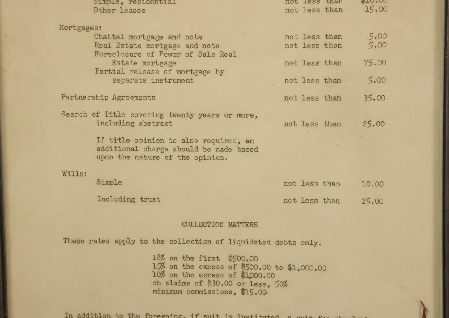 Lot 031 - Pair Of Framed Law Office Price Lists, Schedule Of Minimum Legal Service Charges, Adopted By Bar Association Of State Of New Hampshire, Circa Early 20th Century