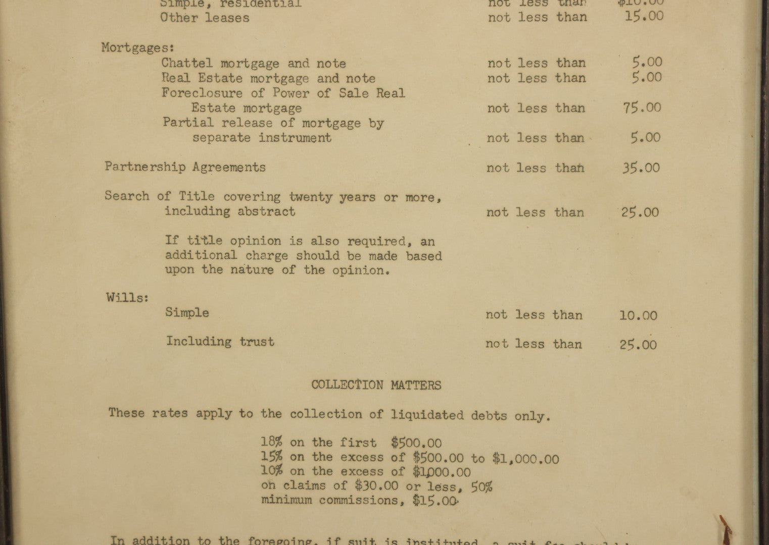 Lot 031 - Pair Of Framed Law Office Price Lists, Schedule Of Minimum Legal Service Charges, Adopted By Bar Association Of State Of New Hampshire, Circa Early 20th Century