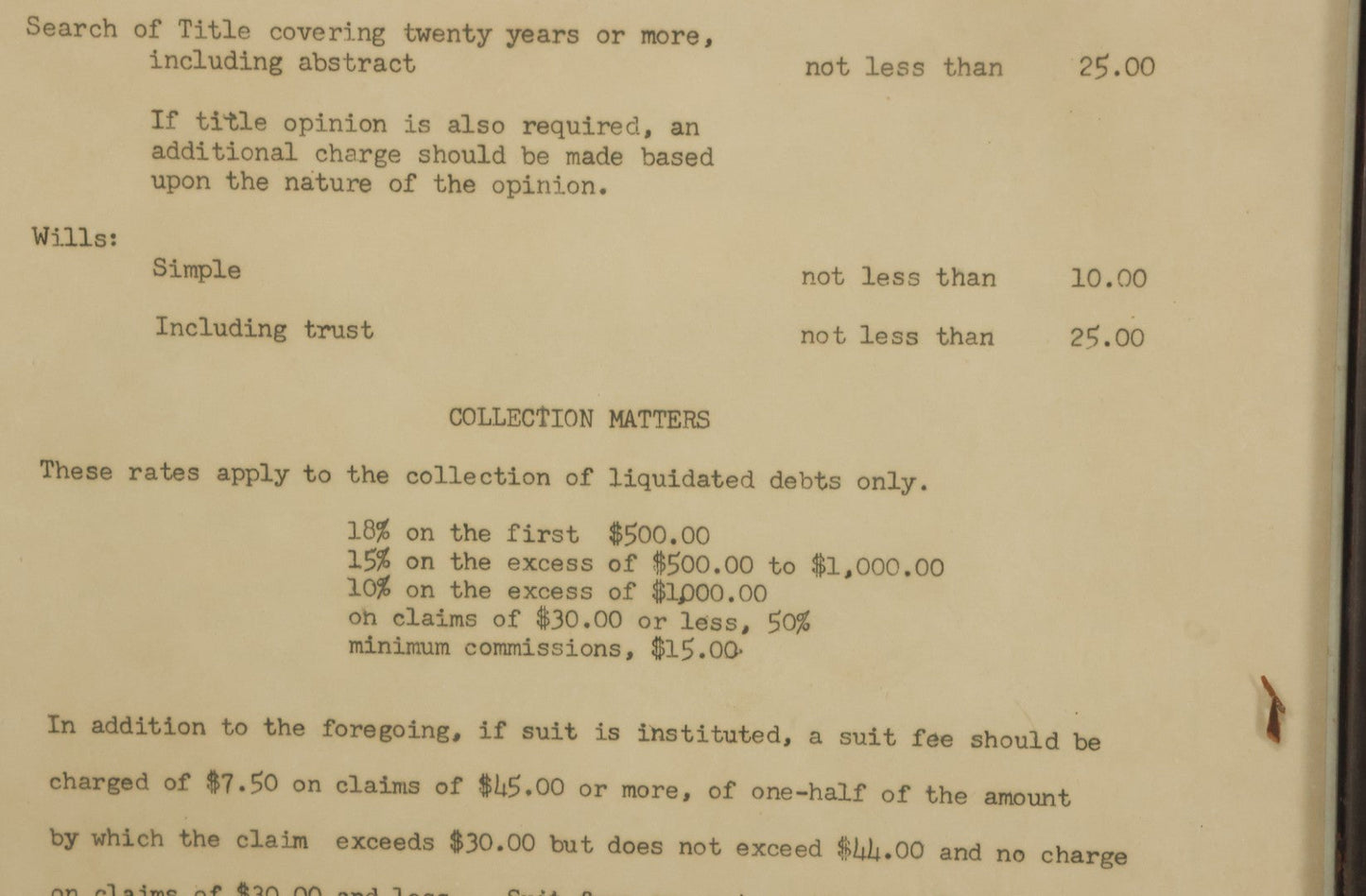 Lot 031 - Pair Of Framed Law Office Price Lists, Schedule Of Minimum Legal Service Charges, Adopted By Bar Association Of State Of New Hampshire, Circa Early 20th Century