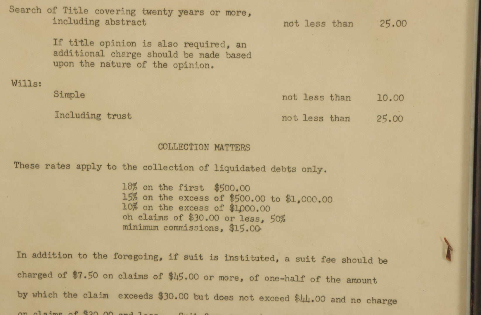 Lot 031 - Pair Of Framed Law Office Price Lists, Schedule Of Minimum Legal Service Charges, Adopted By Bar Association Of State Of New Hampshire, Circa Early 20th Century