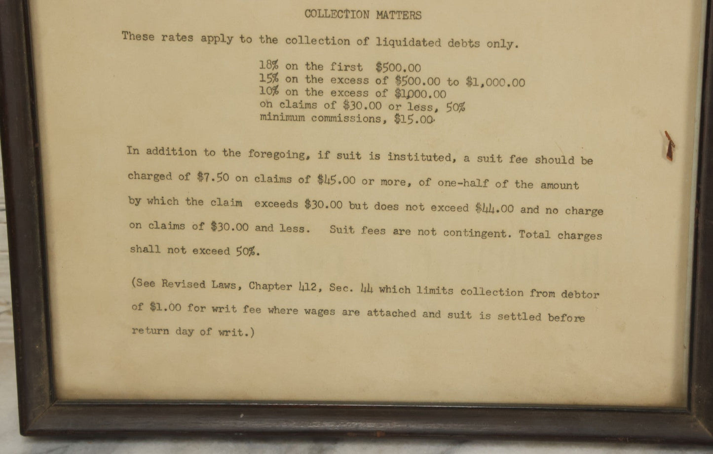 Lot 031 - Pair Of Framed Law Office Price Lists, Schedule Of Minimum Legal Service Charges, Adopted By Bar Association Of State Of New Hampshire, Circa Early 20th Century