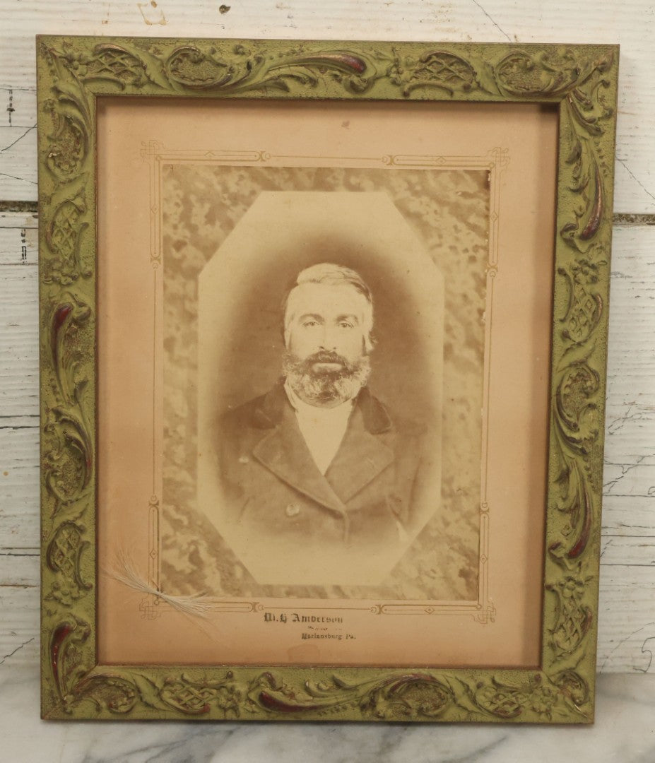 Lot 032 - Antique Boarded Photograph Of Bearded Man, With Lock Of Gray Hair, M.H. Anderson, Photographer, Harlansburg, Pennsylvania, Note Hair Likely Added Later, Professionally Framed In Modern Frame