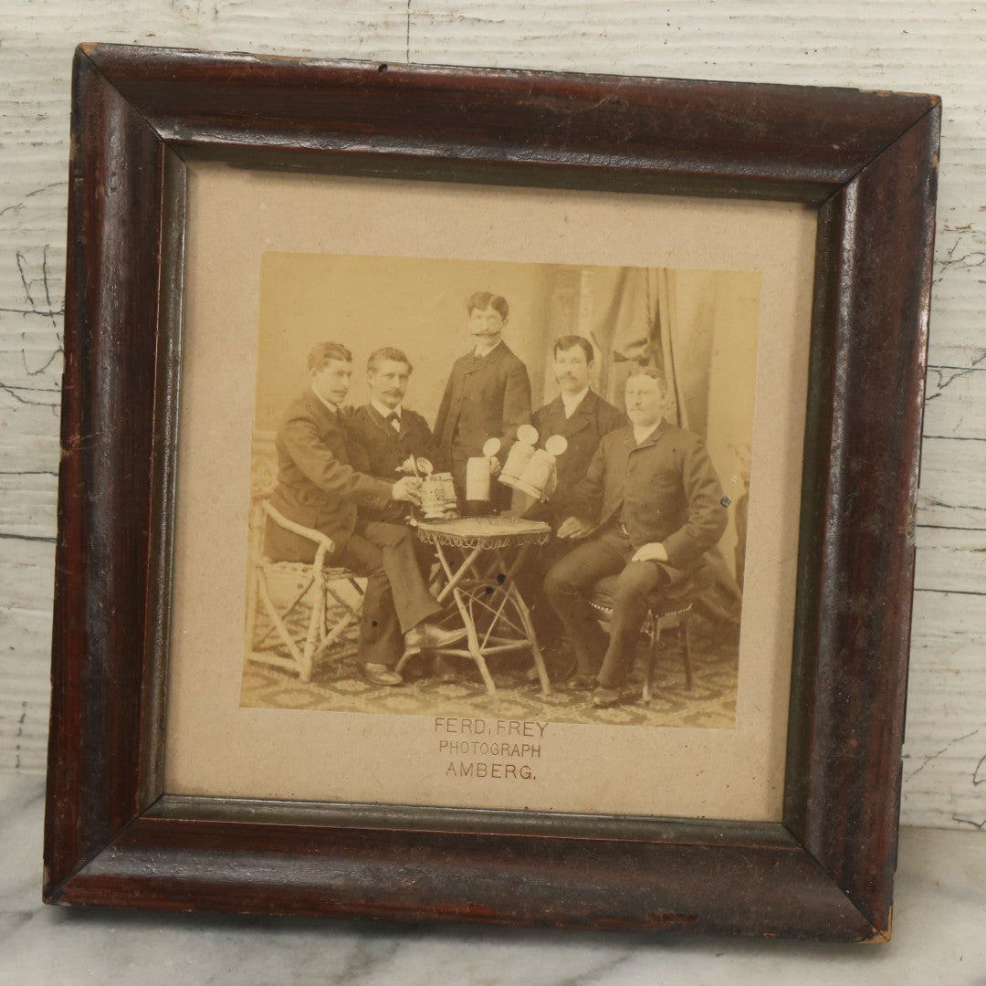 Lot 033 - Antique Framed Boarded Photograph Of Five Men With German Beer Steins, Ferd, Frey, Photographers, Amberg, Bavaria, Southern Germany