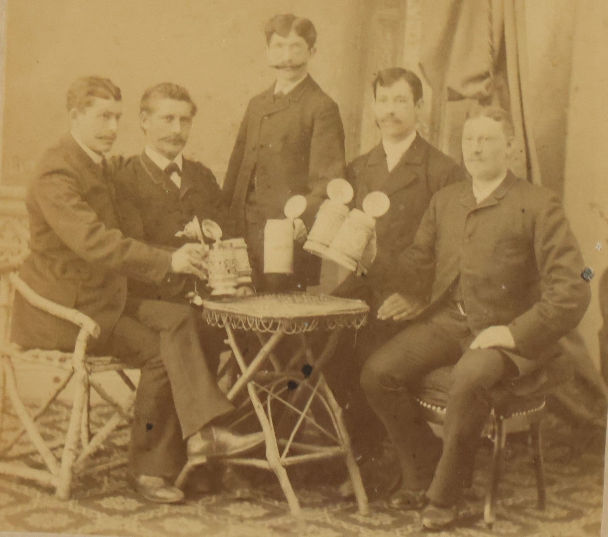 Lot 033 - Antique Framed Boarded Photograph Of Five Men With German Beer Steins, Ferd, Frey, Photographers, Amberg, Bavaria, Southern Germany