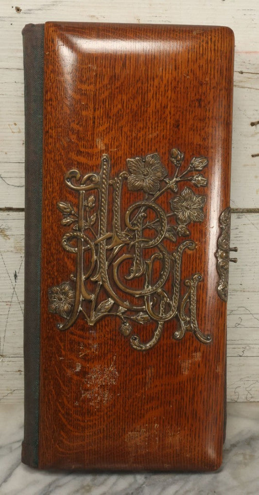 Lot 034 - Antique Victorian Cabinet Card Photo Album With Thirteen Cabinet Card Photographs And Laquered Wooden Cover With Metal Album Adornment And Green Fabric Back, Note Latch Missing