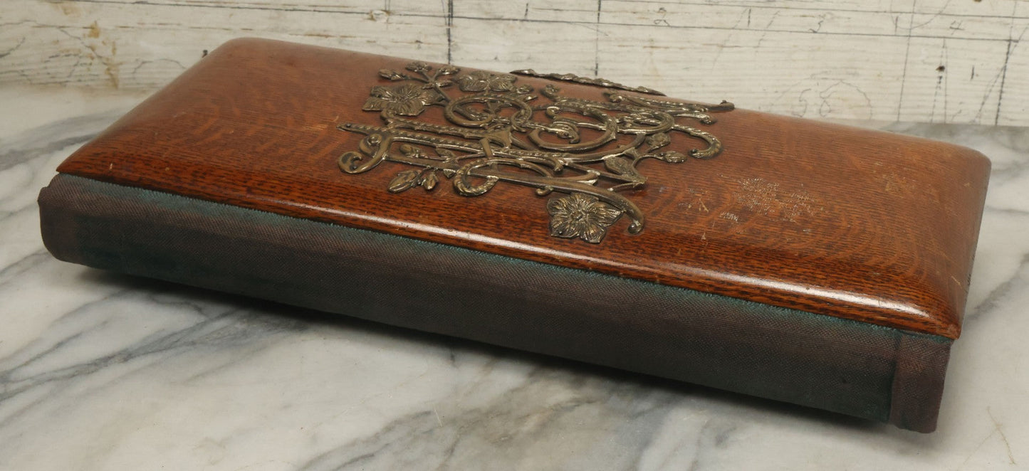 Lot 034 - Antique Victorian Cabinet Card Photo Album With Thirteen Cabinet Card Photographs And Laquered Wooden Cover With Metal Album Adornment And Green Fabric Back, Note Latch Missing