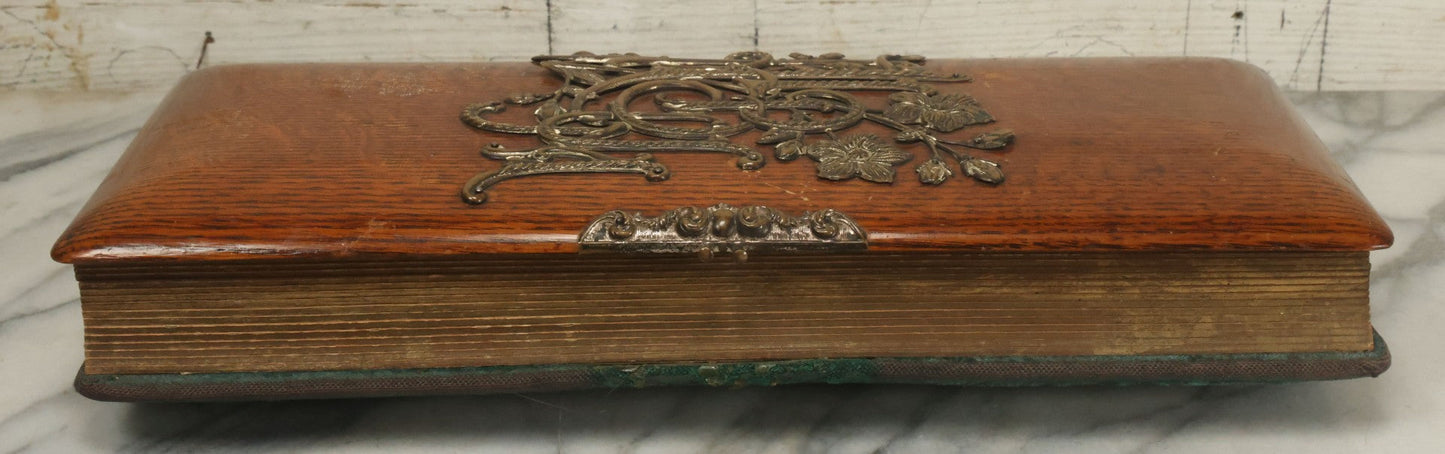 Lot 034 - Antique Victorian Cabinet Card Photo Album With Thirteen Cabinet Card Photographs And Laquered Wooden Cover With Metal Album Adornment And Green Fabric Back, Note Latch Missing