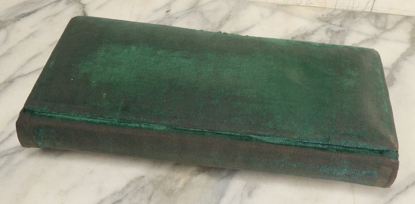 Lot 034 - Antique Victorian Cabinet Card Photo Album With Thirteen Cabinet Card Photographs And Laquered Wooden Cover With Metal Album Adornment And Green Fabric Back, Note Latch Missing